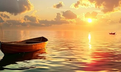 Wall Mural - Serene sunrise over a calm sea with a fishing boat in the distance, Video