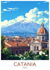 Wall Mural - Catania Italy Poster Illustration Travel Print Decor Gift Paper Canvas Wall Retro Art