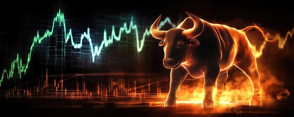 Poster - A powerful bull symbolizing market growth, with vibrant graphics depicting stock trends and an energetic, dynamic atmosphere.