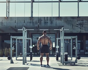 Wall Mural - Muscular male athlete posing in front of modern industrial fitness studio