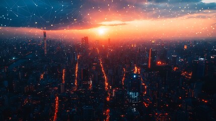 Poster - Telecommunication network above city wireless mobile internet technology for smart grid or 5G LTE data connection concept about IoT global business fintech blockchain : Generative AI