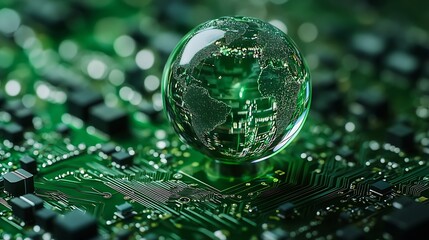 Fototapete - Concept of green technology crystal globe on circuit board technology innovations Environment Green Technology Computer ChipGreen Computing and Technology CSR and IT ethics Ai : Generative AI