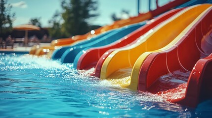 Water park bright multicolored slides with a pool A water park without people on a summer day : Generative AI