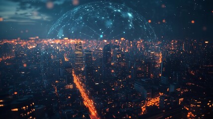 Fototapete - Global connection and the internet network modernization in smart city  Concept of future 5G wireless digital connecting and social media networking : Generative AI