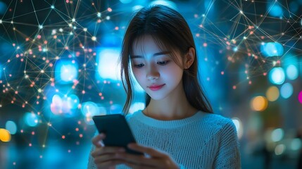 Poster - Wireless communication network concept Mobile technologyYoung asian woman using a smart phone : Generative AI
