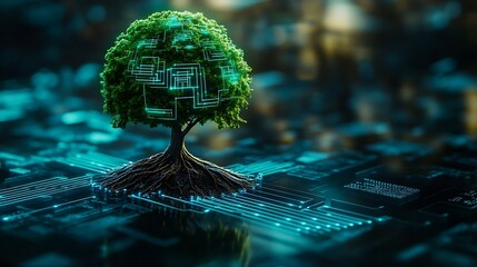 Fototapete - Tree growing on Circuit digital ball Digital and Technology Convergence Blue light and Wireframe network background Green Computing Green Technology Green IT csr and IT ethics Concept : Generative AI