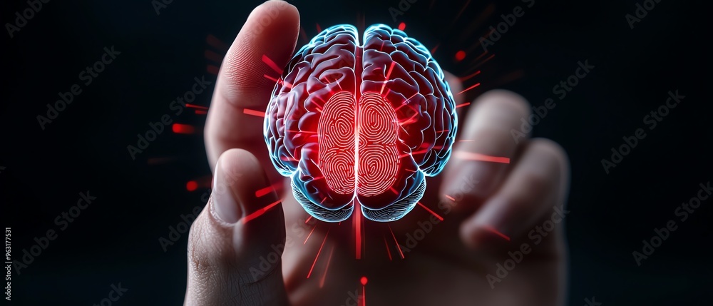 A hand holding a glowing digital brain, symbolizing innovation ...