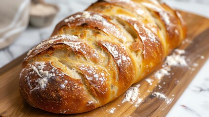 A freshly baked loaf of bread on a wooden cutting board.