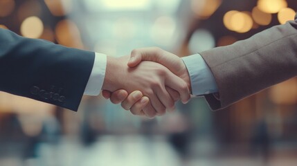 Aufkleber - Detailed shot of a young businessman shaking hands with a client in a modern office setting, highlighting the professionalism and rapport between them