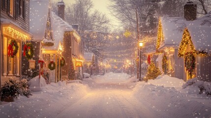 Snow-covered street with homes decorated with festive Christmas lights and wreaths.