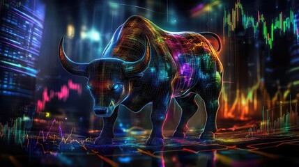 Poster - A vibrant, abstract bull representing market growth, dynamic colors, and financial data charts in the background.