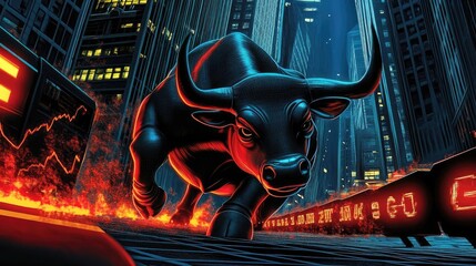 Poster - A powerful black bull symbolizes strength and bullish market trends in a vibrant urban setting, with glowing financial data.