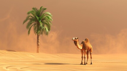 A camel in the desert with a palm tree.