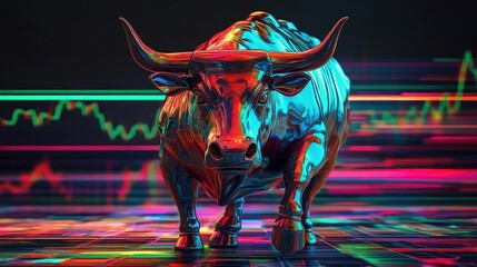 Aufkleber - A vibrant, digital bull symbolizing market strength, surrounded by dynamic graph patterns and colorful light effects.
