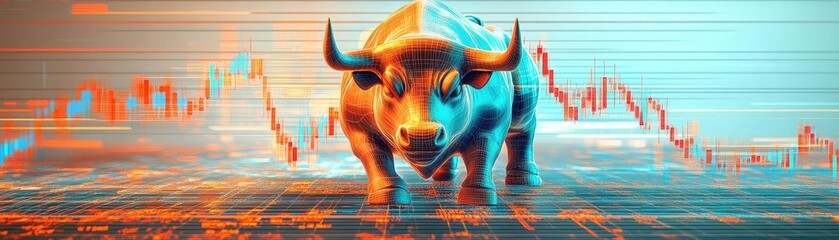 Aufkleber - Dynamic bull statue on abstract financial background symbolizing market growth and investment opportunities.