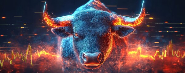 Poster - A stunning digital painting of a bull surrounded by vibrant colors and abstract patterns, symbolizing strength and power.
