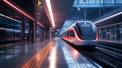 Aufkleber - Detailed shot of an electric train station with a train waiting at the platform, capturing the contemporary architecture and the train modern design.