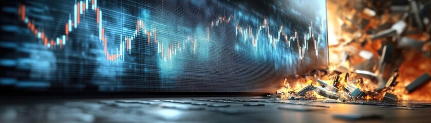 Aufkleber - Dynamic financial growth concept with charts and dramatic destruction, illustrating market volatility and investment risk.