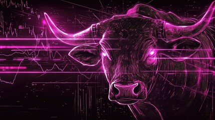 Poster - A vibrant, digital illustration of a bull symbolizing strength and determination in a futuristic financial market.