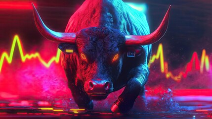 Poster - A fierce bull charging forward, set against a vibrant background of neon colors and dynamic stock market graphs.