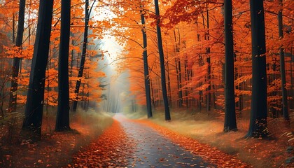 Canvas Print - The autumn forest path is covered with orange and red fallen leaves and tall trees on both sides, creating a warm and peaceful atmosphere.