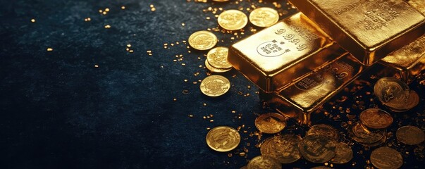 Aufkleber - Glittering gold bars and coins scattered on a blue velvet surface, symbolizing wealth and luxury. Perfect for financial themes.