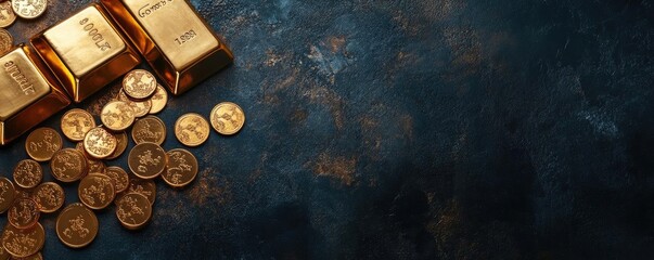 Poster - A collection of gold bars and coins on a dark textured background, symbolizing wealth and prosperity.