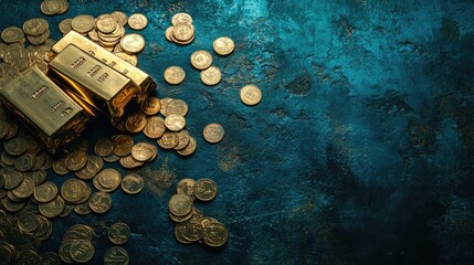 Poster - Gleaming gold bars resting on a rich blue background, surrounded by scattered coins, symbolizing wealth and prosperity.