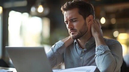 Poster - A young businessman in a modern office setting experiencing neck pain while working at his desk with a laptop and documents : Generative AI
