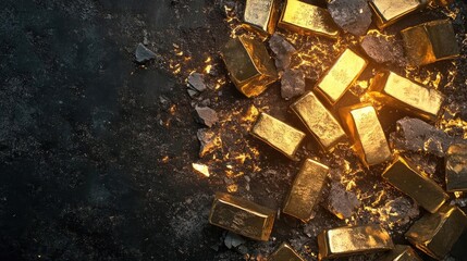 Poster - A stunning collection of gold bars gleaming against a dark surface, symbolizing wealth and luxury in a captivating display.