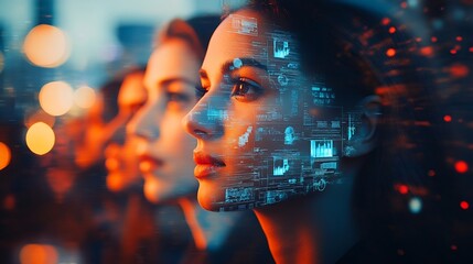 Fototapete - Group of multinational people and digital technology concept Wide angle visual for banners or advertisements : Generative AI