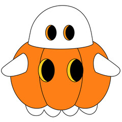 cute white ghost wearing in halloween pumpkin with eye cartoon illustration