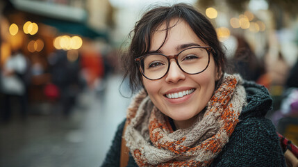 Sticker - Beautiful young woman with glasses and a scarf smiling outdoors with a blurred city street background