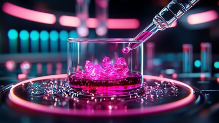 Close-up of a pipette dispensing vibrant pink liquid into a glass container in a futuristic laboratory setting.