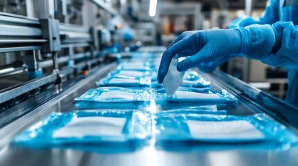 Poster - Factory worker inspecting production line automatic machine for manufacture of sterile medical bandage and masks made of non woven material : Generative AI
