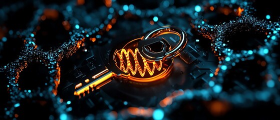 A close-up of a glowing key and lock on a digital background, symbolizing security and access in a modern context.