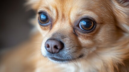 Aufkleber - Detailed view of a small, cute dog with a bright, curious gaze, captured in a moment of playfulness with a toy or treat.