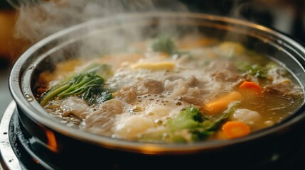 Detailed view of a steaming hot pot with a close focus on the broth and ingredients, showcasing the texture and freshness of vegetables and meat as they cook.