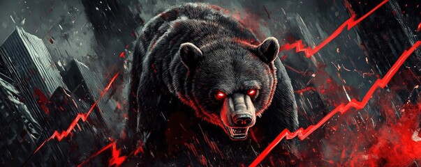 Aufkleber - A dramatic illustration of a fierce bear with glowing eyes, set against a chaotic urban landscape with red energy lines.