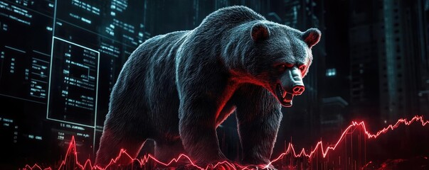 Poster - A powerful bear symbolizing market downturn, set against a backdrop of financial data, representing bearish trends in trading.