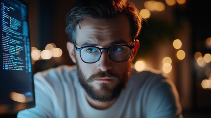 Poster - Qualified data scientist updating neural networks writing complex binary code scripts Certified teleworking man in home office uses digital device programming to upgrade AI : Generative AI