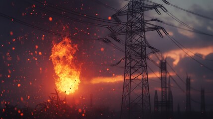Poster - Detailed view of an electricity transmission tower at dusk, with power lines illuminated by the setting sun, creating a dramatic and industrial scene.