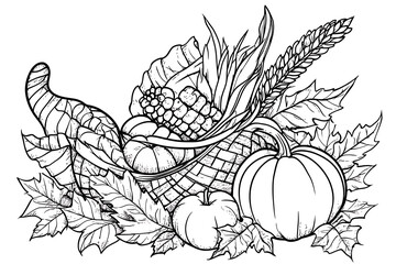 Thanksgiving autumn cornucopia festival emblem. Monochrome vintage engraving fresh organic vegetables, wheat and fruits sign isolated on white background. Sketch hand drawn illustration