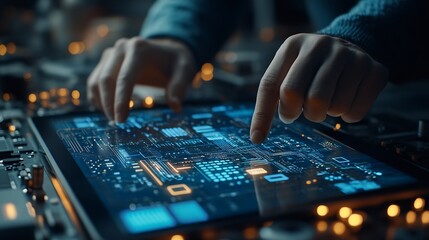 Fototapete - Digital technology software development concept Coding programmer software engineer using digital tablet with circuit board and javascript on virtual screen internet of things IoT : Generative AI