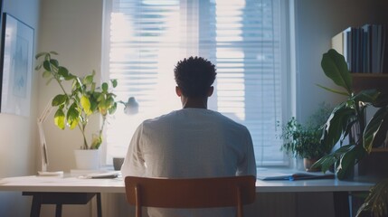 Simple and elegant study scene of young man at home, clean desk, modern minimalism, soft light