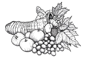 Wall Mural - Thanksgiving autumn cornucopia festival emblem. Monochrome vintage engraving fresh organic vegetables, wheat and fruits sign isolated on white background. Sketch hand drawn illustration