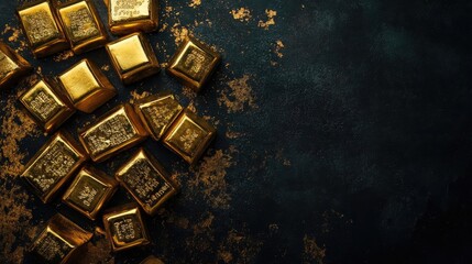 Aufkleber - Luxurious gold bars scattered on a dark surface create an opulent and elegant background for financial or wealth-themed visuals.