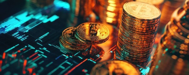 Poster - Stunning close-up of golden cryptocurrencies stacked alongside digital graphs, symbolizing wealth and modern finance.