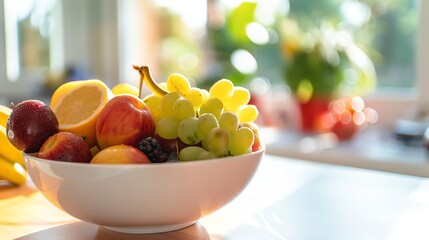 A bowl of fresh fruit on a table.