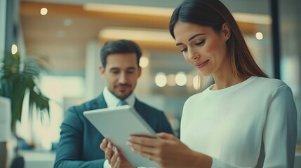 Leinwandbilder - Tablet meeting and partnership with business people working in an office as a team for research Technology planning or teamwork with a man and woman employee reading information in the : Generative AI